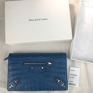 Balenciaga Classic Crocodile Wallet-on-Chain, Blue